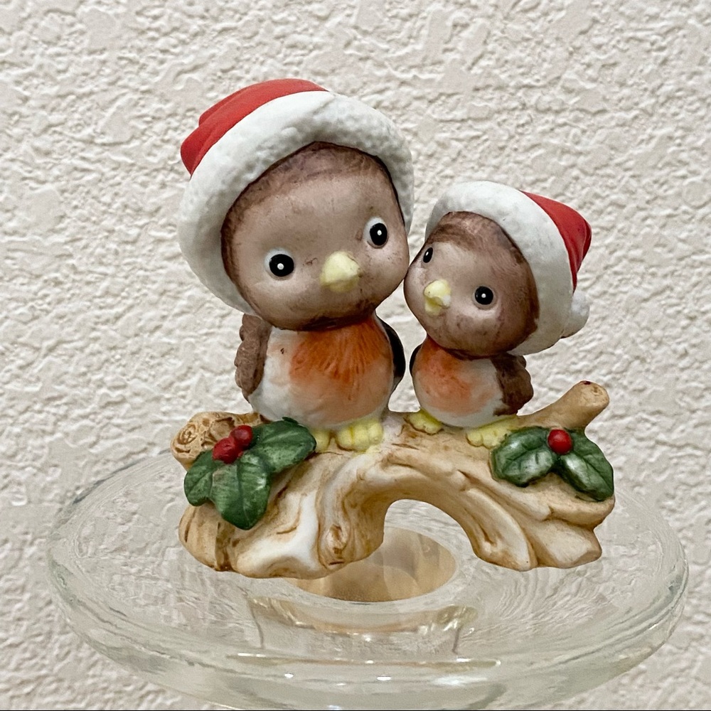 Vintage LEFTON Adorable Christmas Birds on a Branch Bisque Figurine